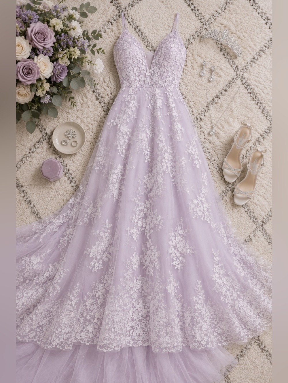 Lavender Lace A-Line Wedding Dress Size XS Floral Appliqué Tulle Bridal Gown - Picture 3 of 7